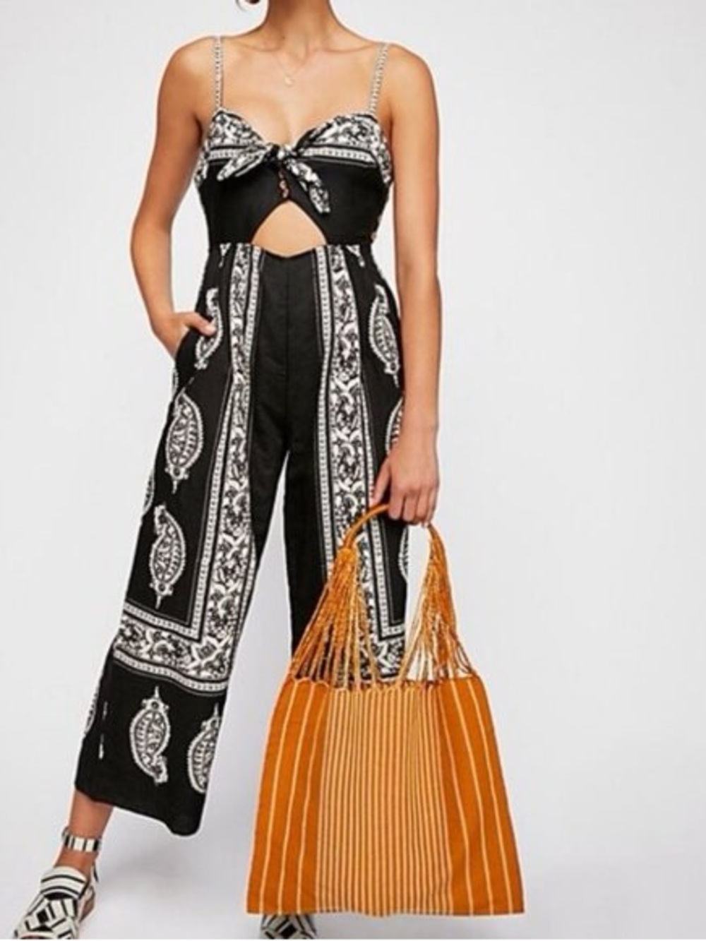 Free People Black Paisley Tie-Front Wide-Leg Jumpsuit - Picture 2 of 4